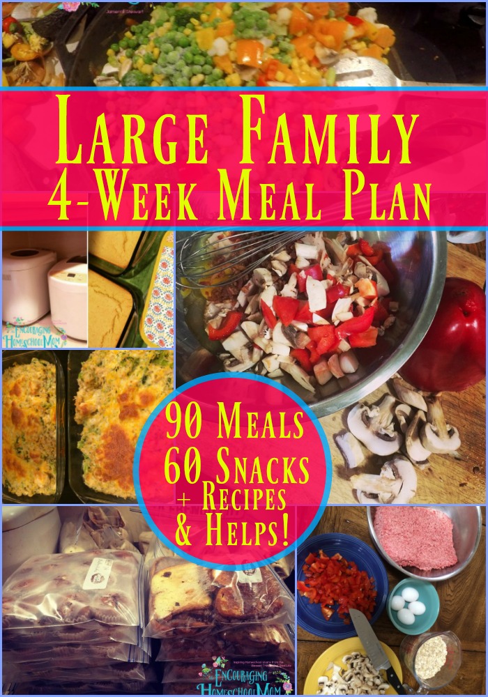 Need help planning meals for your large family? Here's a 4-Week Large Family Meal Plan that includes 90 Family Meals, 60 Snacks, Recipes, and Helps for You!