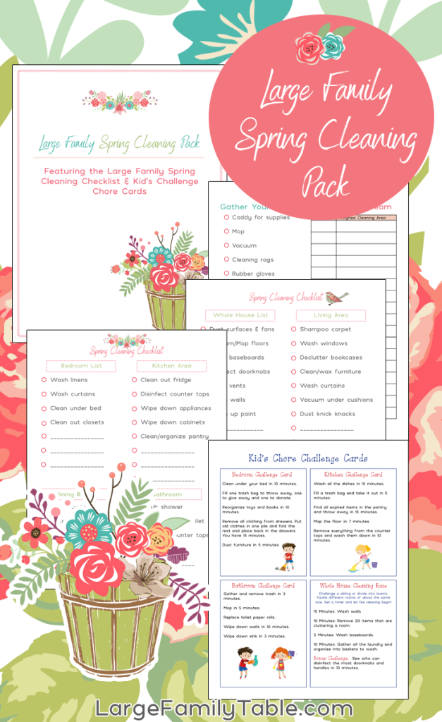 Large Family Spring Cleaning Pack text and image examples of free printable pages and a pink floral background