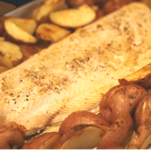 garlic butter salmon with roasted red potatoes