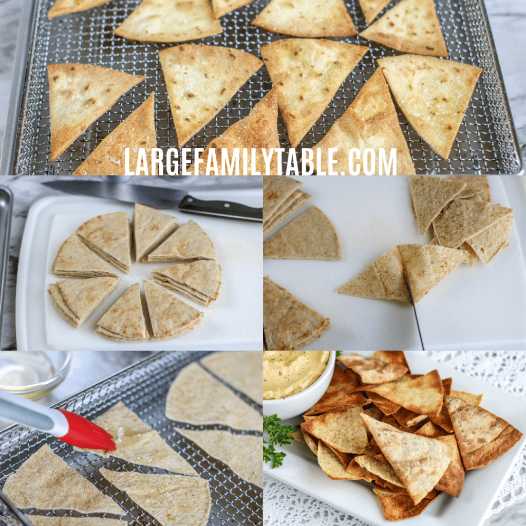 pita bread triangles on trays and plates