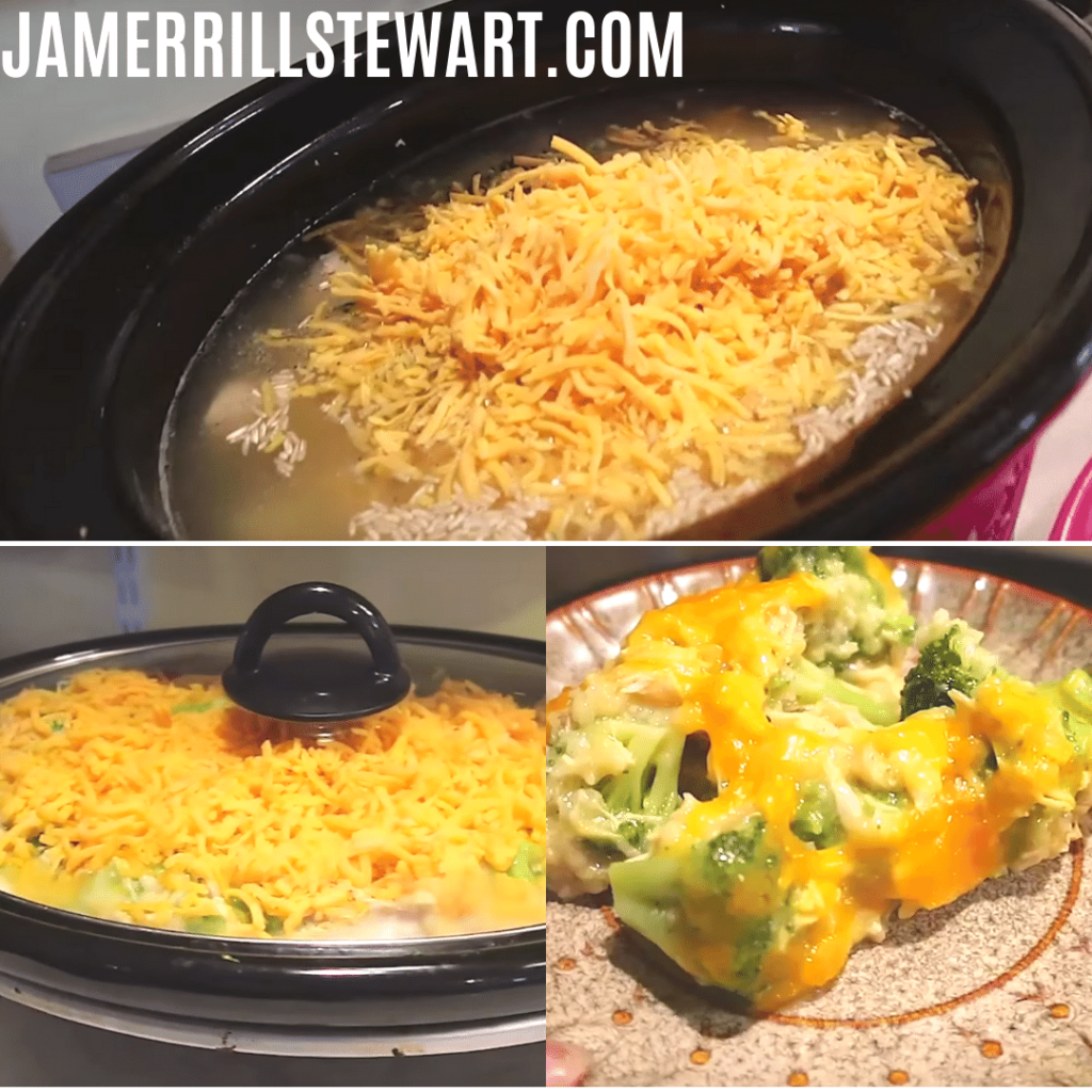 cheese and chicken broccoli rice in crockpot and some on a plate