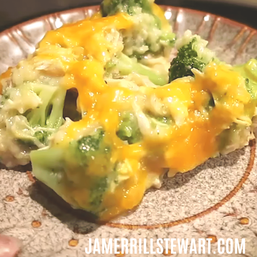 chicken cheese broccoli rice on a plate