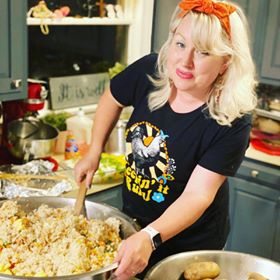 mom stirring food in a large bowl