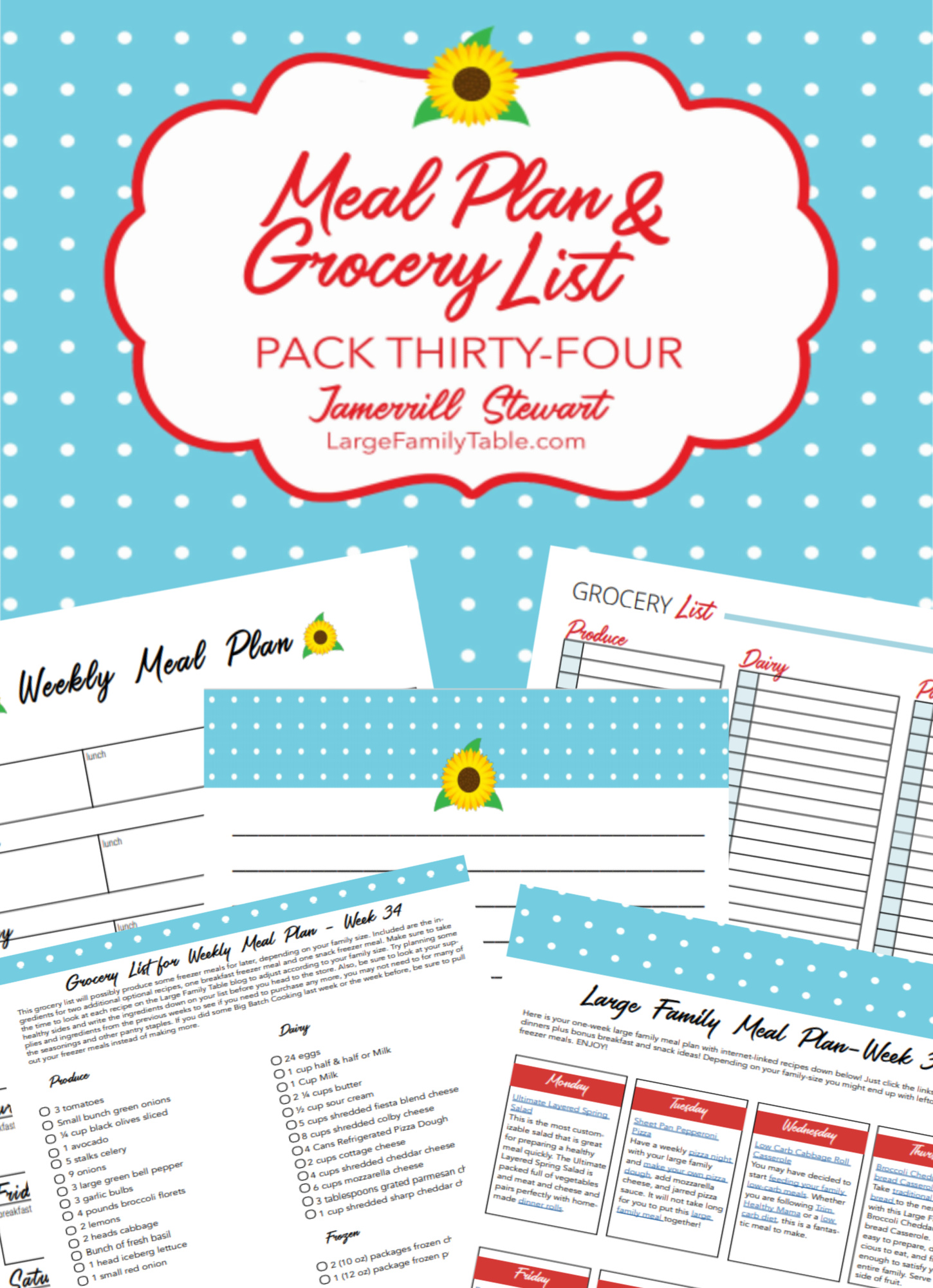 Large Family Budget Meal Plan 34 + FREE Printable Grocery List and