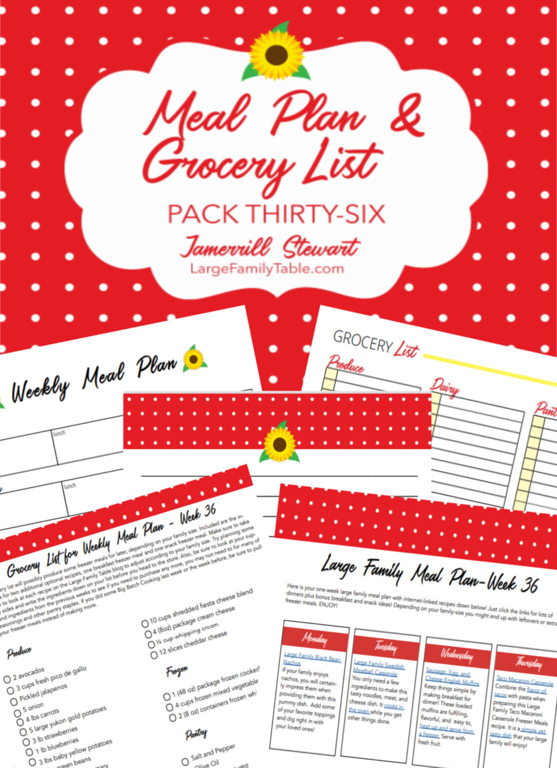 Easy Large Family Meal Plan 36 + FREE Grocery List with Planning Pages