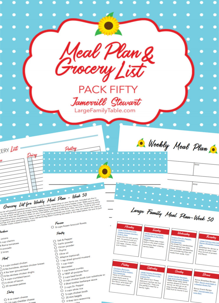 Large Family Budget Meal Plan 50 and Printable Pages with Clickable Grocery List