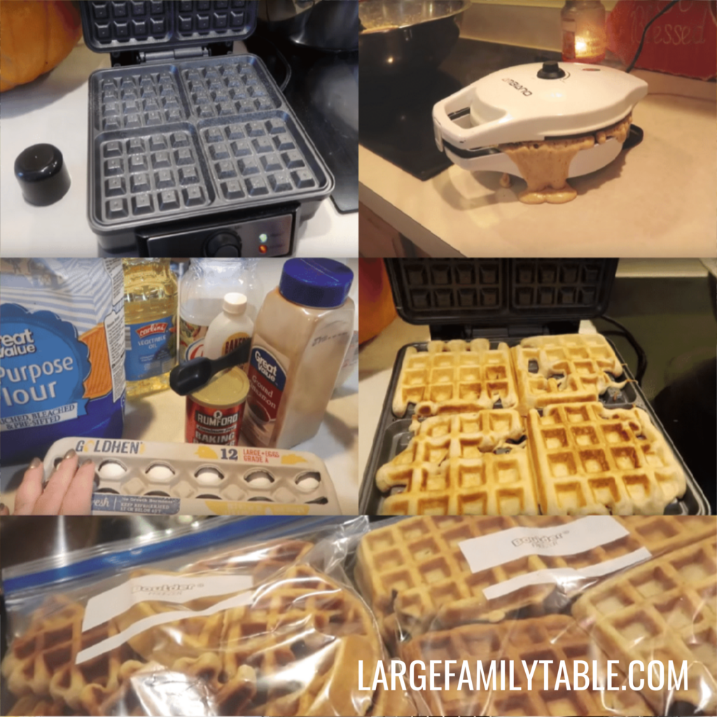Collage of a waffle maker, waffles being made, Waffle ingredients, the waffles finished and in freezer bags
